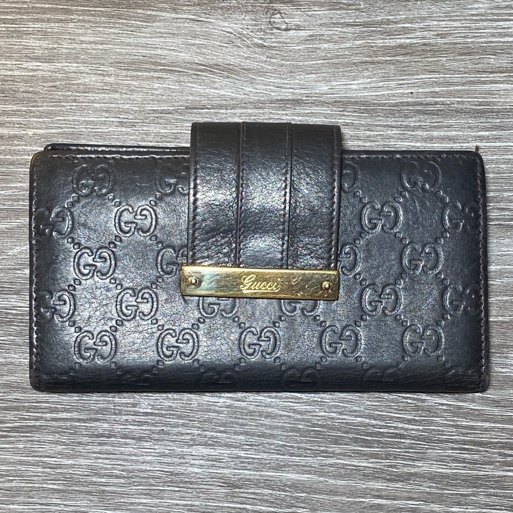 AUTHENTIC GUCCI GUCCISSIMA BLACK LEATHER GG-LOGO LONG BI-FOLD WALLET- ITALY-
